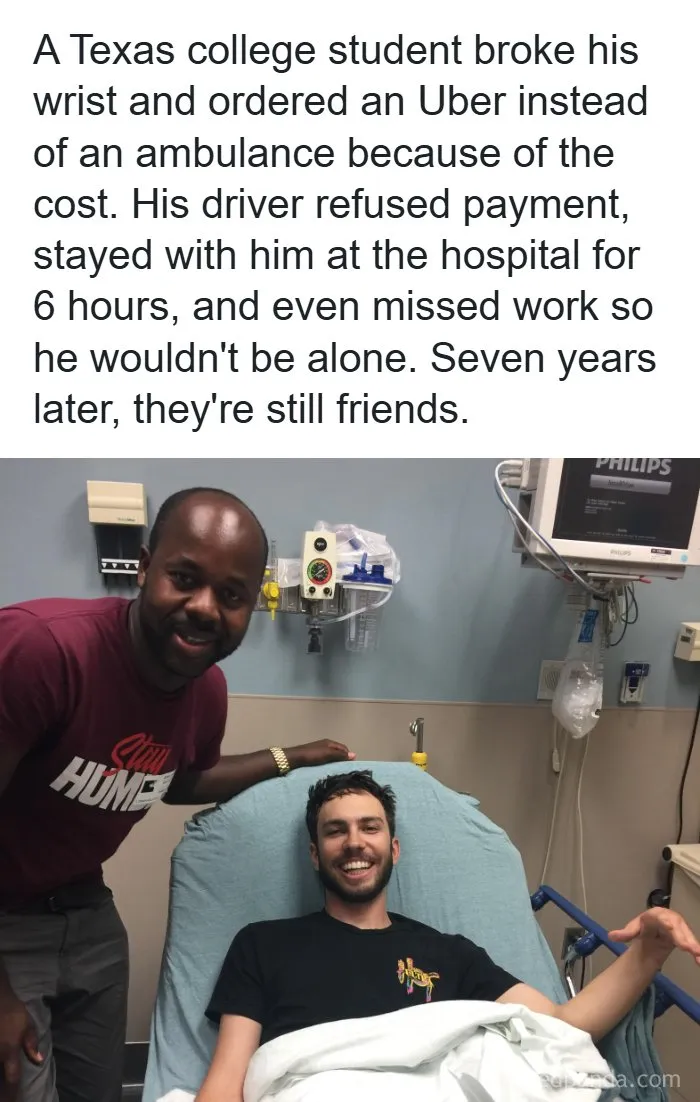 An Uber driver smiling next to a student in a hospital bed featured in wholesome memes.