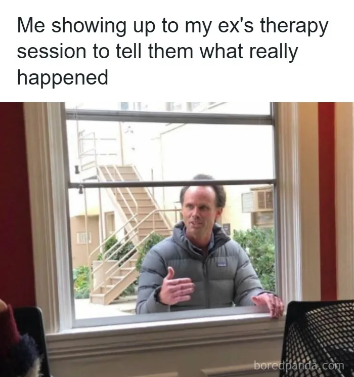 Accurate memes showing Walton Goggins talking through a window about an ex's therapy session.