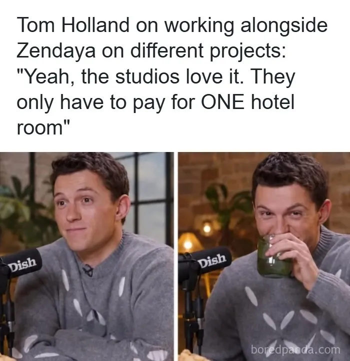 Tom Holland during an interview drinking from a glass, featured in interesting facts and posts about the world.