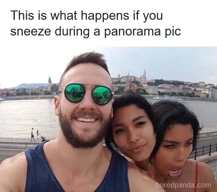 Wholesome memes showing a panoramic photo glitch caused by someone sneezing.