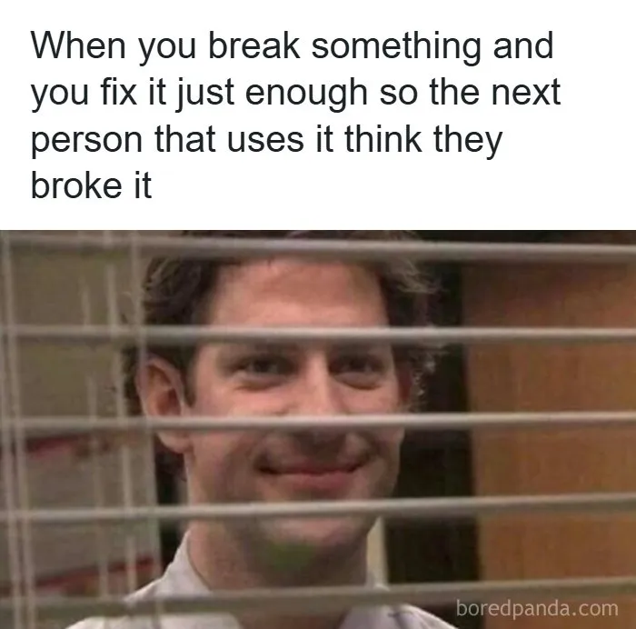 Jim Halpert smiling behind blinds meme, a funny choice for sending memes to friends