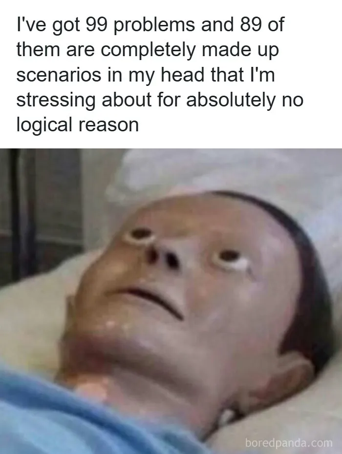 A wide-eyed mannequin lying down in one of the spot-on memes about overthinking.