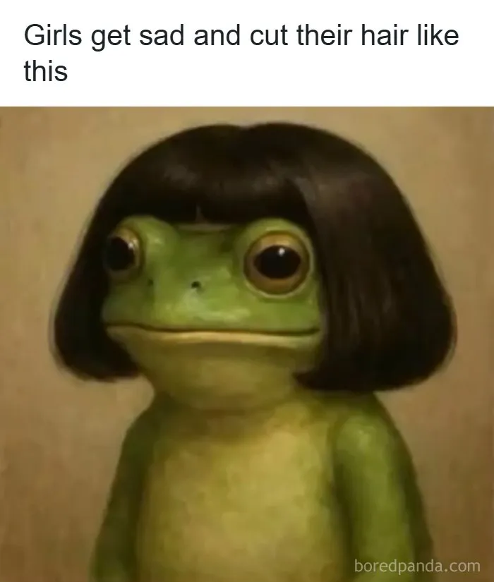 Funny meme showing a frog with a short haircut captioned about girls cutting their hair sad