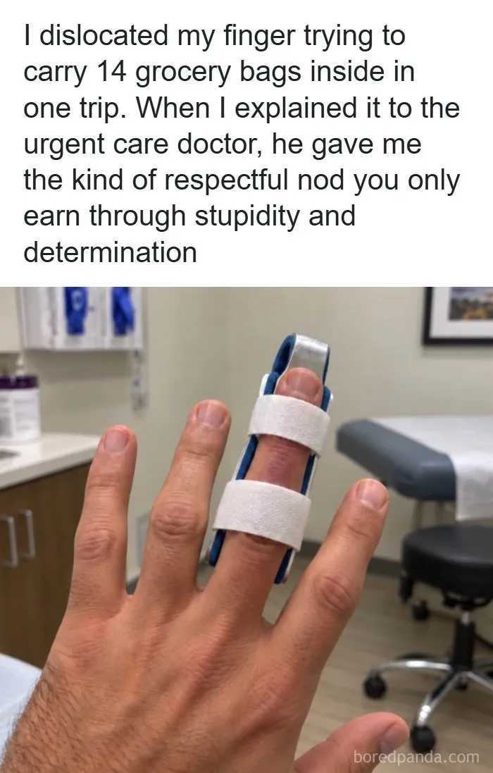 A hand wearing a blue finger splint, featured in fun posts about human silly injuries and humor.