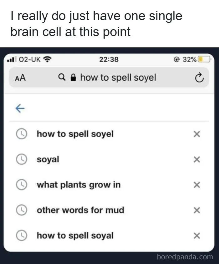 Funny British humor with a phone screen showing a search on how to spell 'soyel'