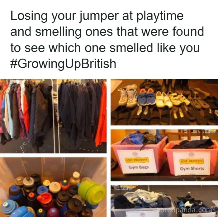 Lost property at British school with jumpers, shoes, gym bags, and water bottles