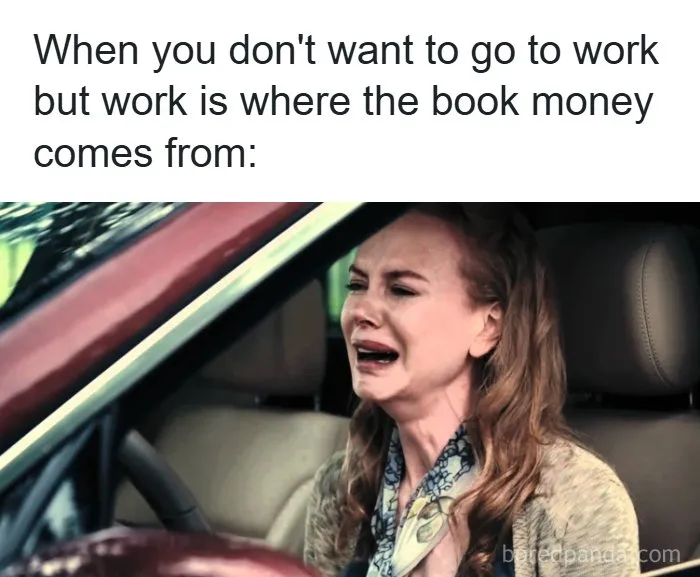 Woman crying in car with caption about work funding book money