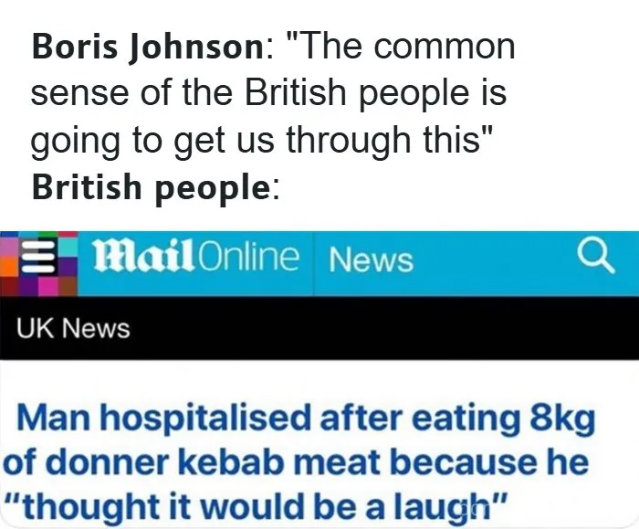 British humor news headline about man hospitalized after eating 8kg donner kebab meat