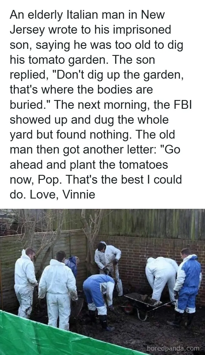 Text story about forensic investigators digging up a garden, a classic wholesome memes joke.