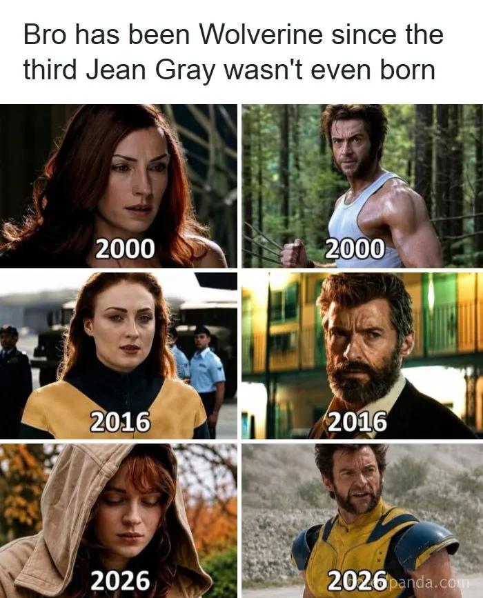 Grid comparison of Wolverine and Jean Grey actors over the years, featured in wholesome memes.