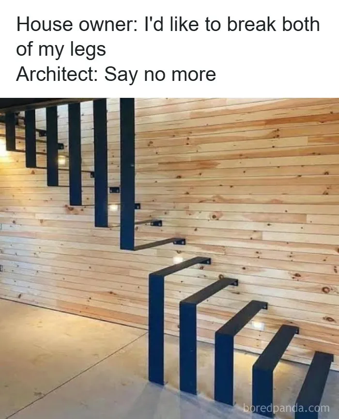 Humorous stair design fail with dangerous missing steps and uneven layout