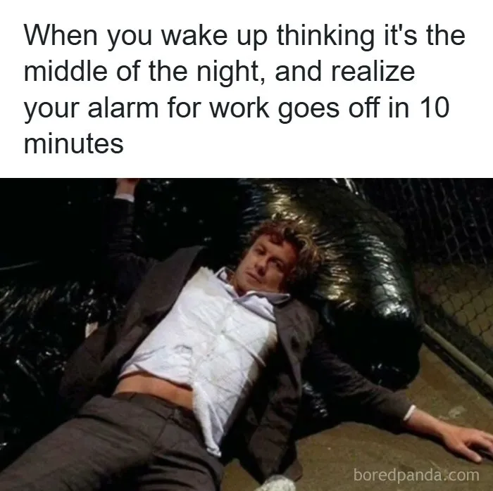 Tired man on the floor meme about early alarms, a funny choice for sending memes to friends.