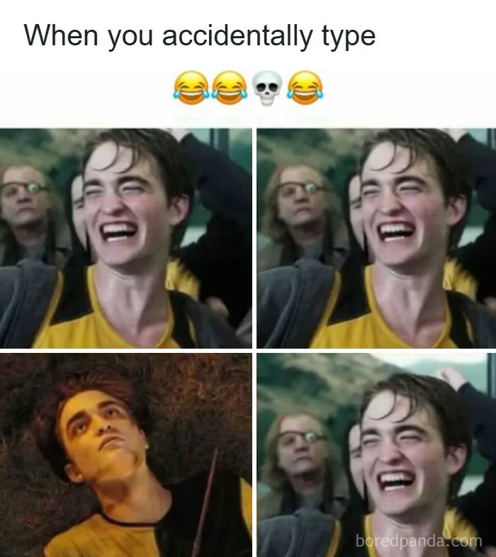 Relatable Harry Potter meme about typing laugh emojis while feeling dead inside.