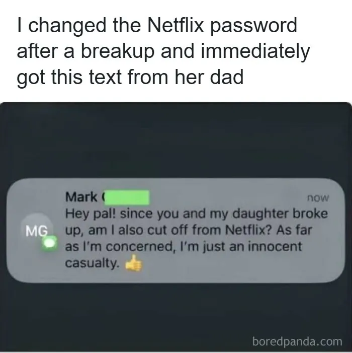 A text message thread showing funny pics of a dad asking for Netflix access after a breakup