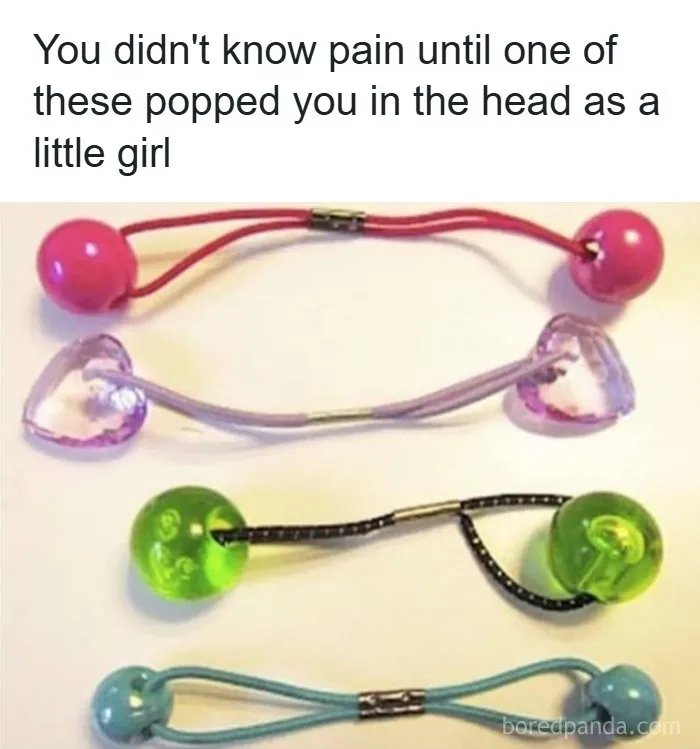 British childhood pain from hitting head with elastic hair ties