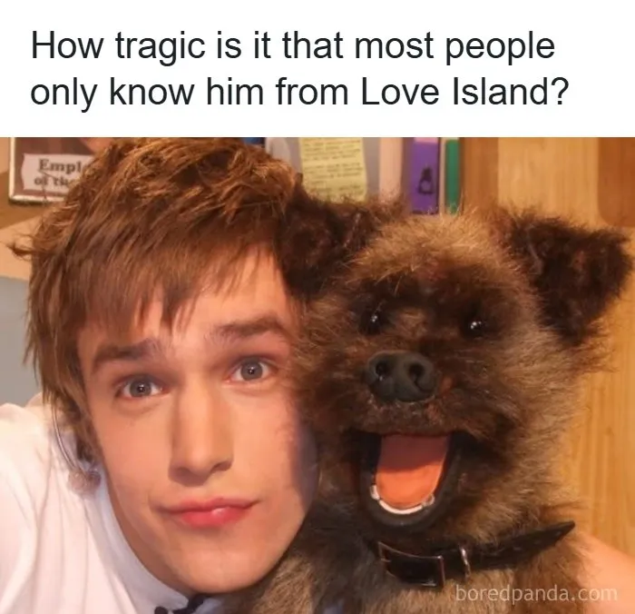 British dry humor joke featuring puppeteer and puppet from Love Island