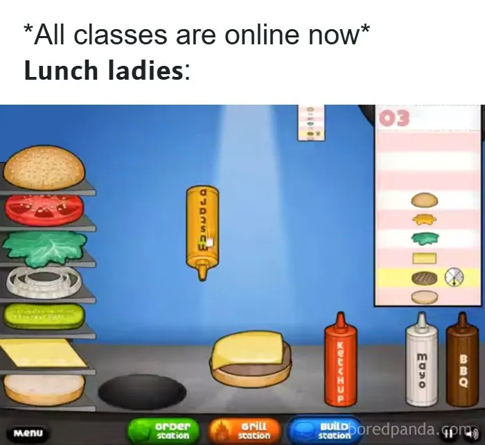 Online sandwich game showing lunch ladies making burgers with dry humor