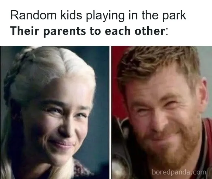 Wholesome memes image featuring Daenerys and Thor squinting and smiling politely at each other.