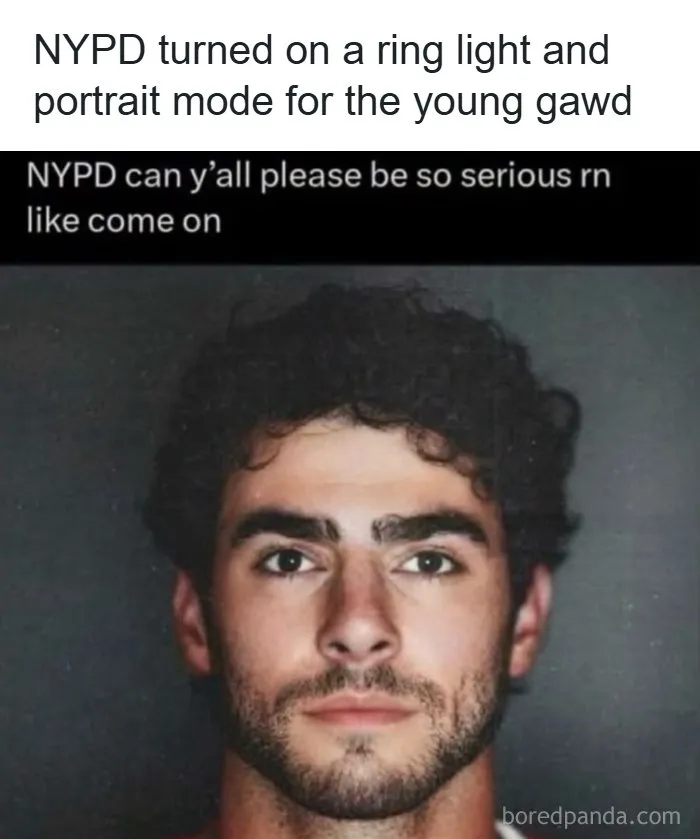 A mugshot with high quality lighting presented in absurd internet posts.