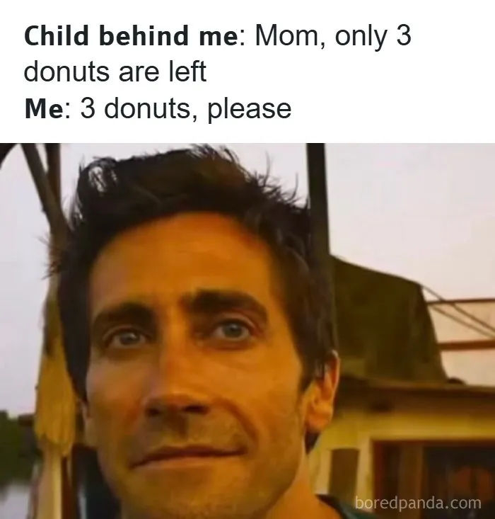 Man smiling with text about requesting all remaining donuts despite child behind