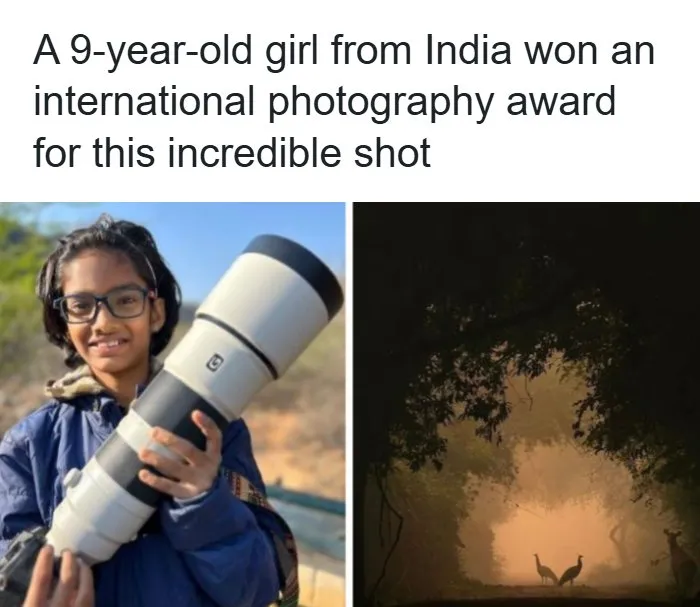 Side-by-side view of a young photographer and her award-winning nature shot, sharing interesting facts about the world.