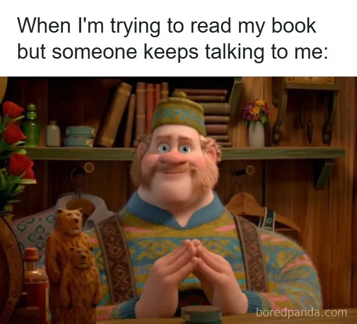 Animated character smiling with text about trying to read but being interrupted, reading meme