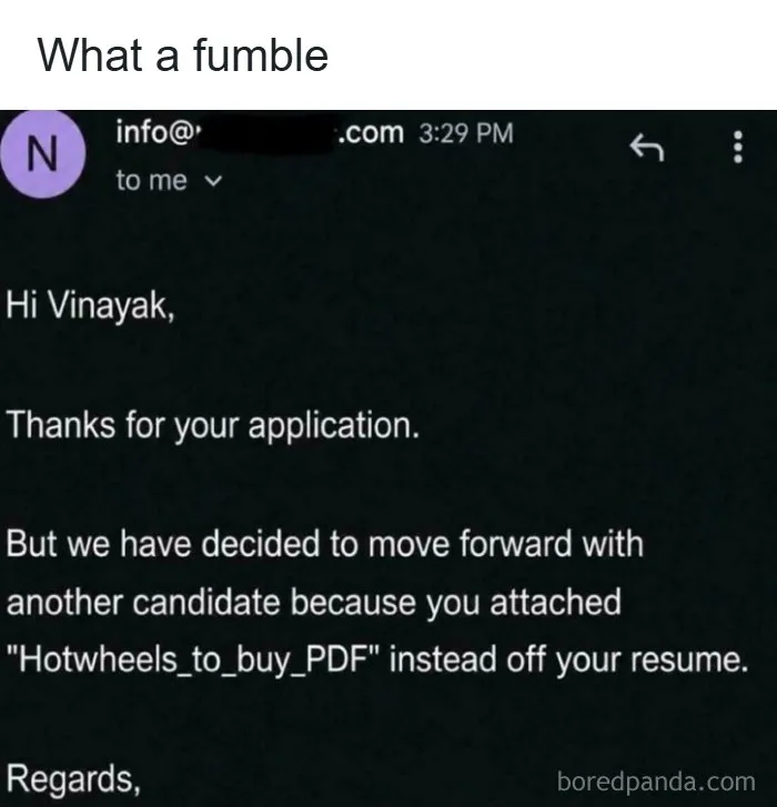 Rejection email showing a recruiting fail where an applicant sent a Hot Wheels PDF instead of a resume.