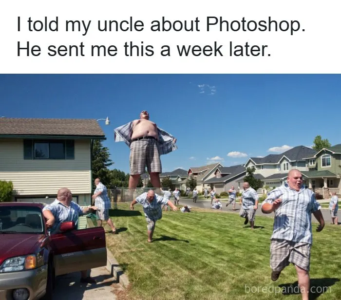 Funny photoshop edit of a man duplicated in a neighborhood featured in wholesome memes.