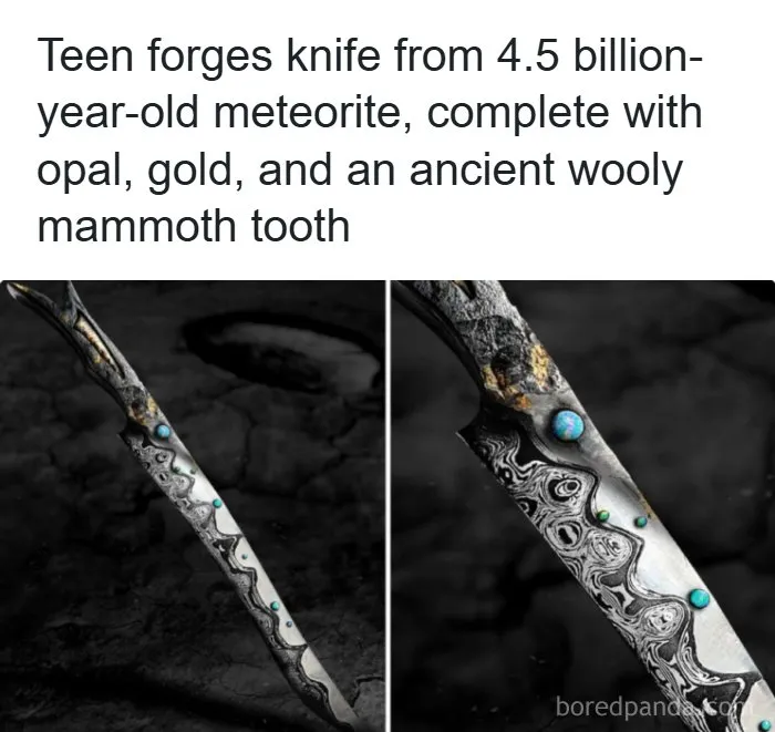 Handcrafted knife forged from meteorite with opal and gold details, interesting facts about world