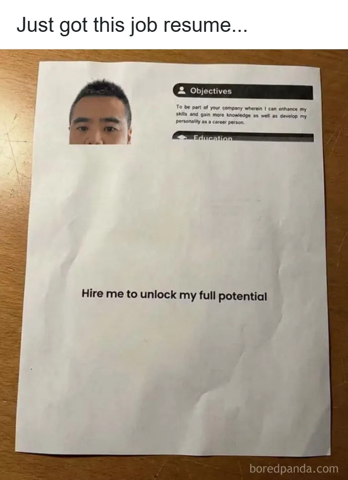 A funny job resume showing a cropped face photo with text to unlock full potential, perfect for entertaining posts.