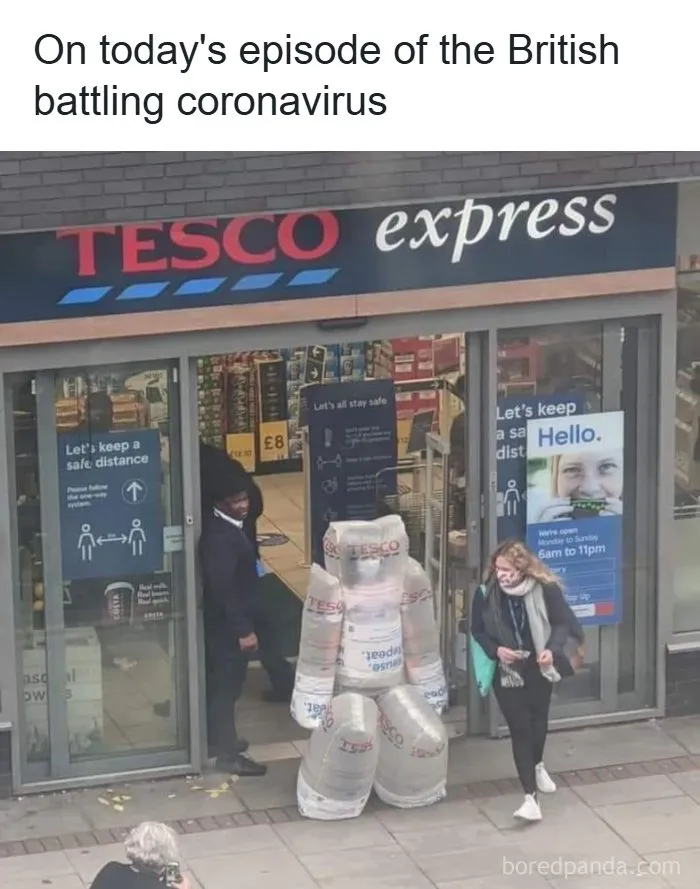 British dry humor shown by Tesco express with a person in a Tesco bag costume during coronavirus
