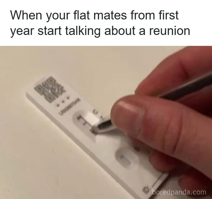 Funny British dry humor meme about flatmates rewriting COVID test results