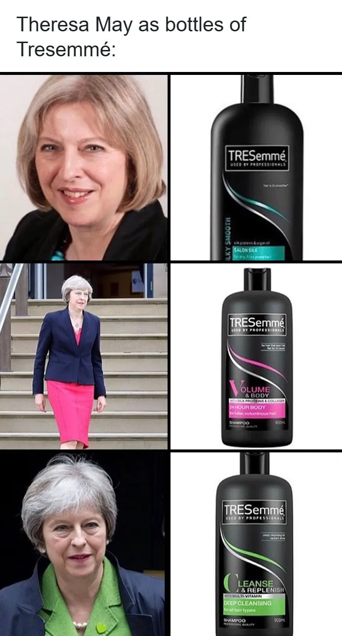 British joke comparing Theresa May's hair to Tresemmé shampoo bottles