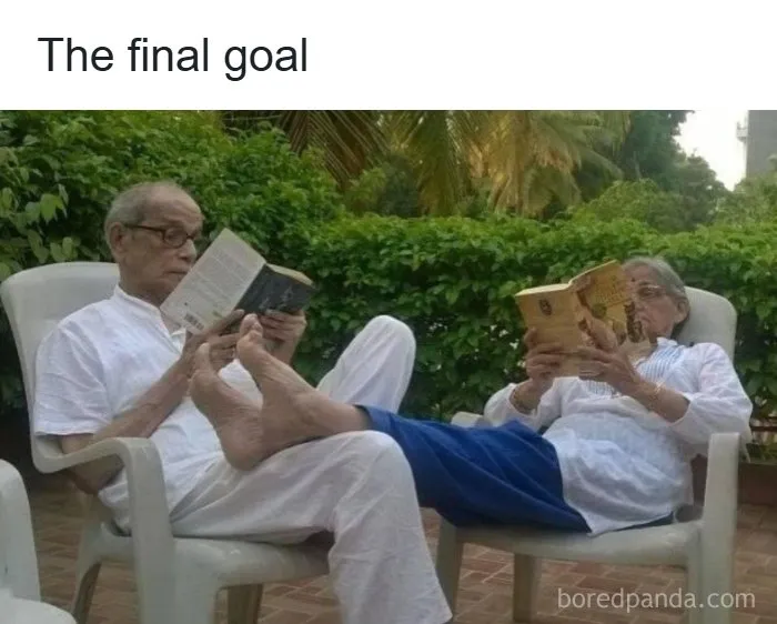 Elderly couple reading books together outdoors, representing the final goal of reading memes