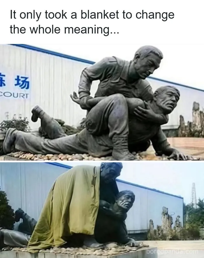 Funny memes showing how placing a blanket over a public arrest statue changes its entire meaning.