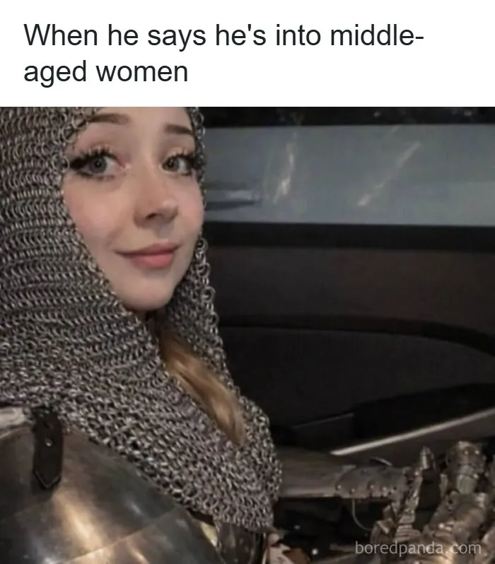 Funny meme with a woman wearing medieval chainmail armor representing a middle-aged woman.