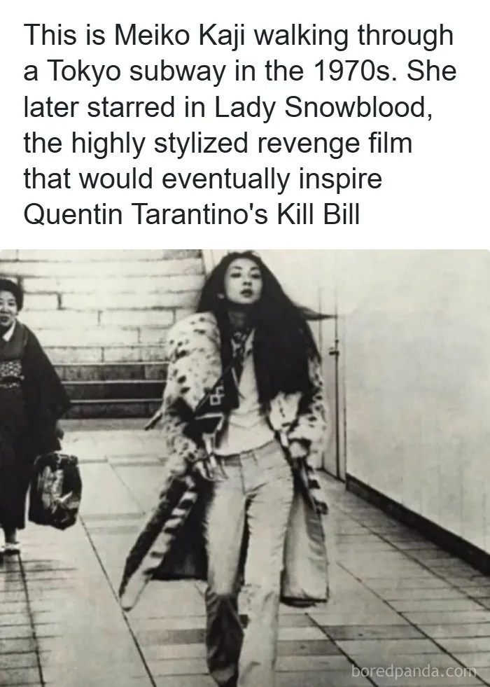 Black and white photo of Meiko Kaji in a 1970s Tokyo subway, one of many interesting facts and posts about the world.