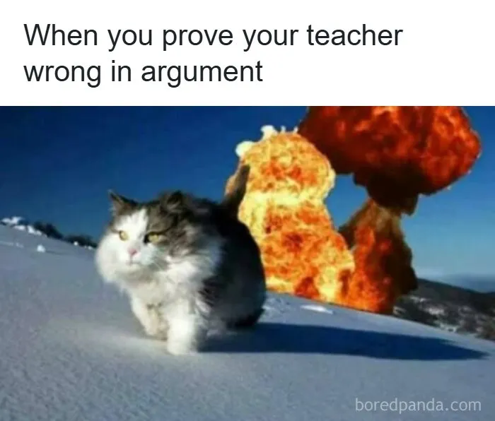 Cat walking confidently with explosion in background meme about proving teacher wrong