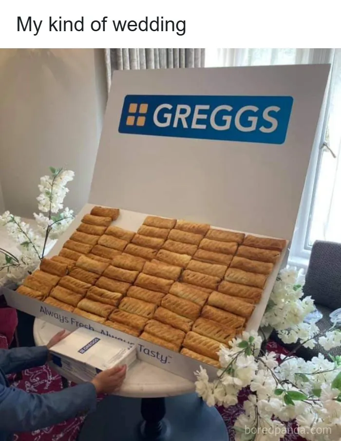 Wedding cake made of Greggs sausage rolls humor dry British joke