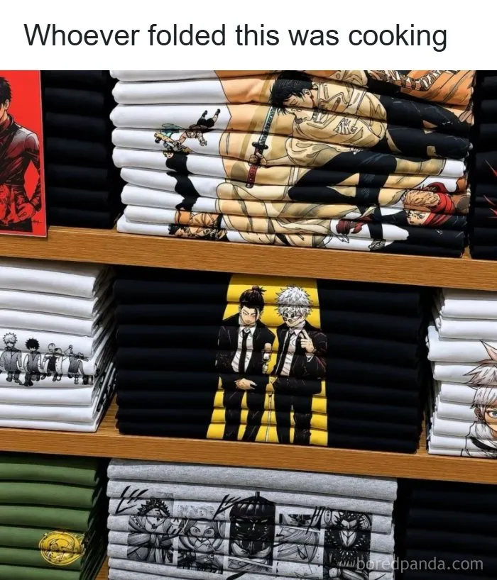 Wholesome memes showing creative store display of folded anime t-shirts aligning characters seamlessly