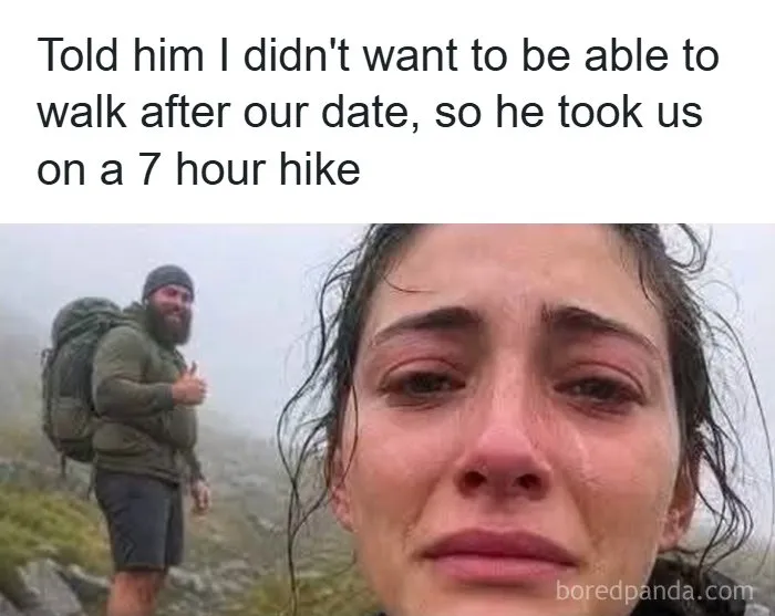 Wholesome memes post about a date that turned into an exhausting seven-hour hike in the mountains