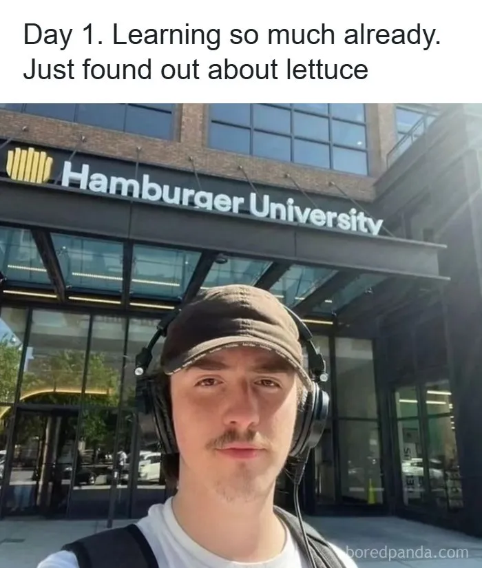 A selfie of a young man in front of Hamburger University featured in absurd internet posts.