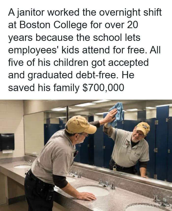 Janitor cleaning a bathroom mirror in a heartwarming story among fun posts on the internet.