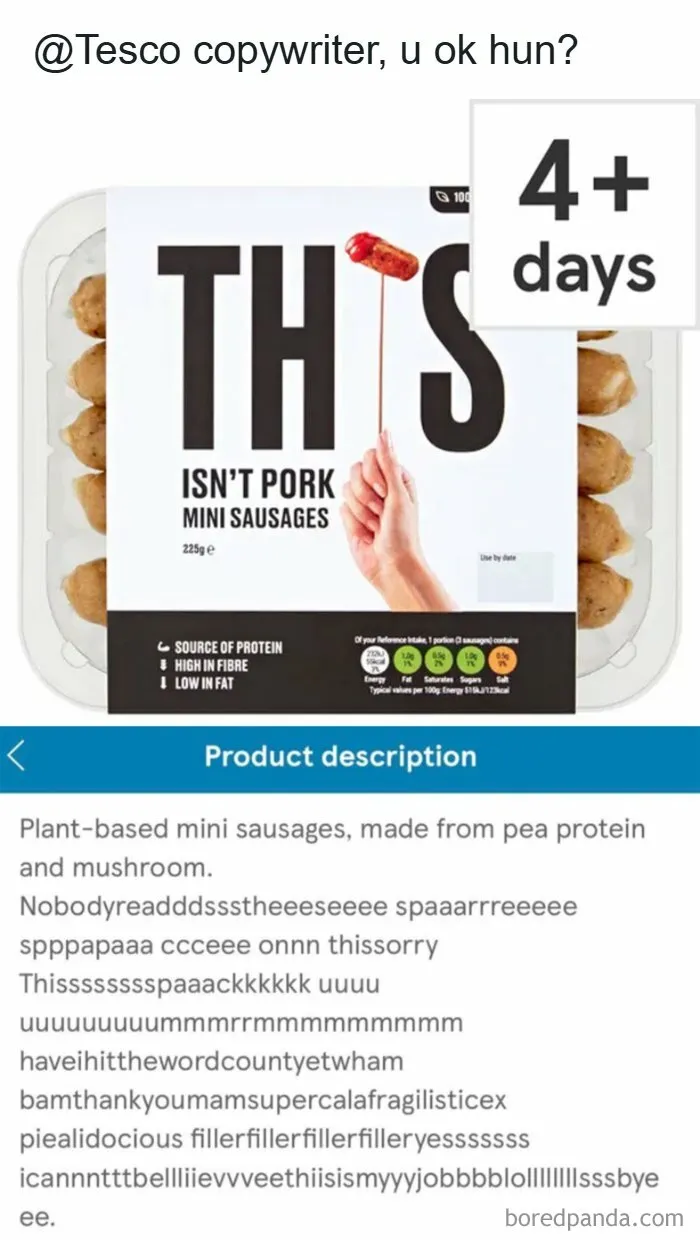 British dry humor packaging fail with mini vegan sausages labelled as pork by Tesco