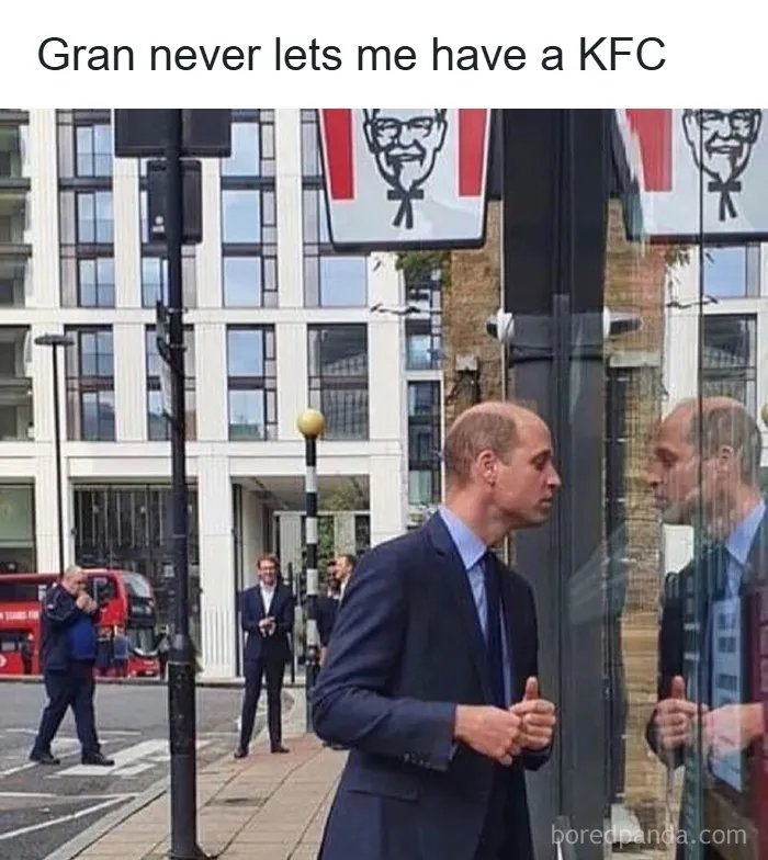 Man staring through KFC window with caption about grandmother not allowing KFC
