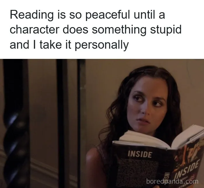 Woman reading book inside with text about taking characters' mistakes personally in reading