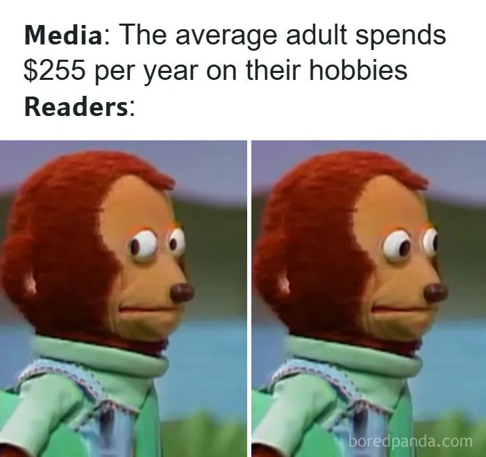Funny meme showing readers reaction to average hobby spending statistics
