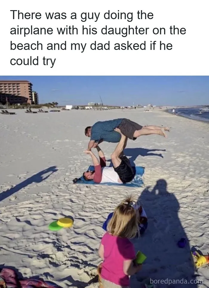 Wholesome memes of two men playing airplane on a sandy beach while a child watches.