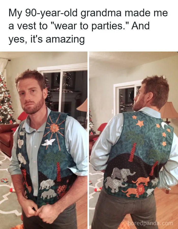 A man wearing a handmade vest from his grandma, featured in wholesome memes.