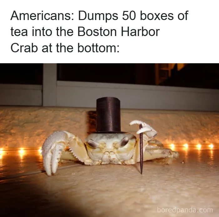 A dapper crab wearing a top hat at the bottom of the ocean, representing funny memes about historical events.